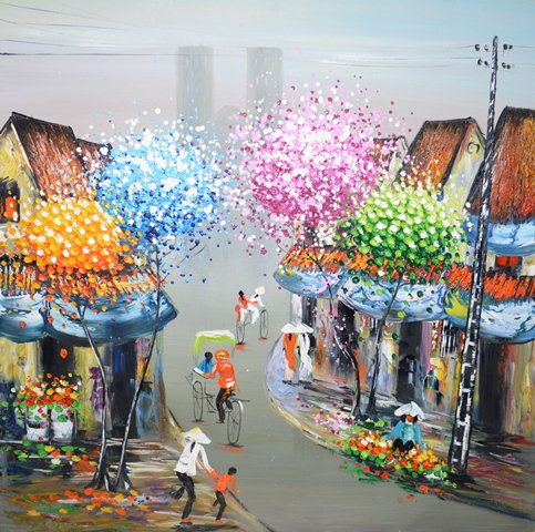 Tranh Sơn Dầu  Phố Tết